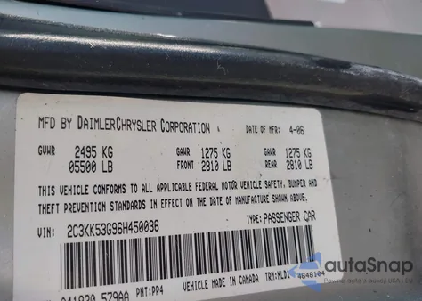 2006 Chrysler 300 Touring from USA, damaged, VIN 2C3KK53G96H450036